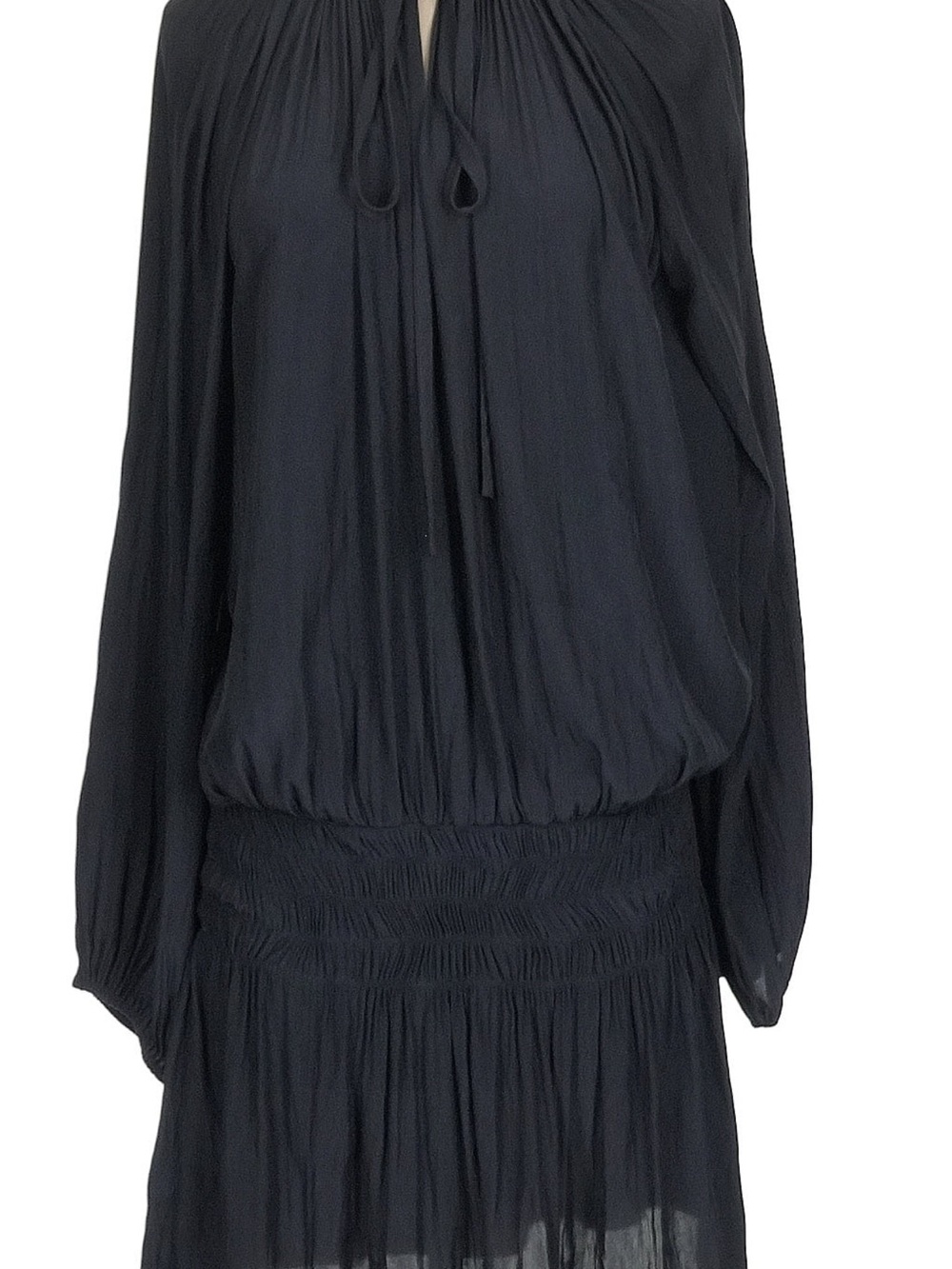 Ramy Brook Black Long-Sleeve Tie Neck Smocked Waist Dress